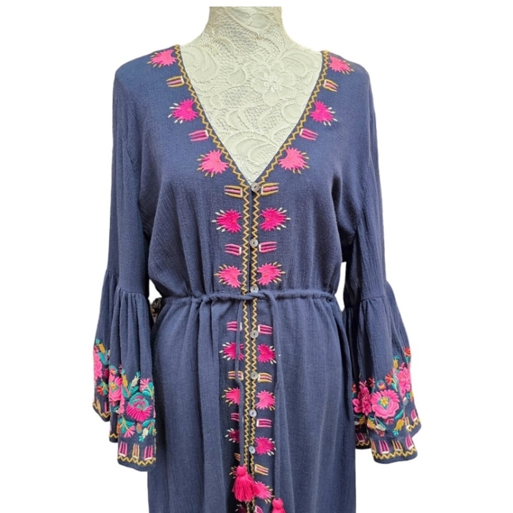 FIGUE Blue Cotton V-Neck Bell Sleeve Button Up Midi Dress Bohemian Princess L - Picture 5 of 11
